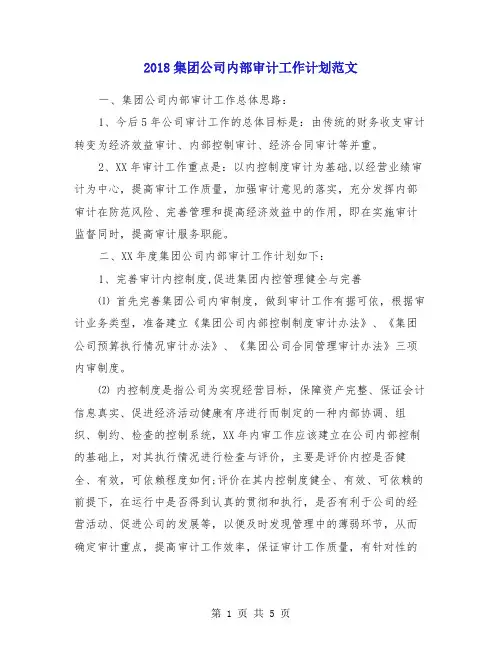 2018集团公司内部审计工作计划范文