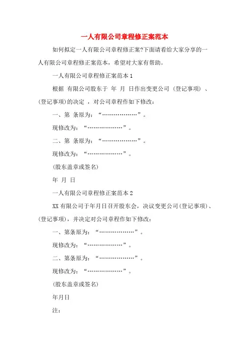 一人有限公司章程修正案范本