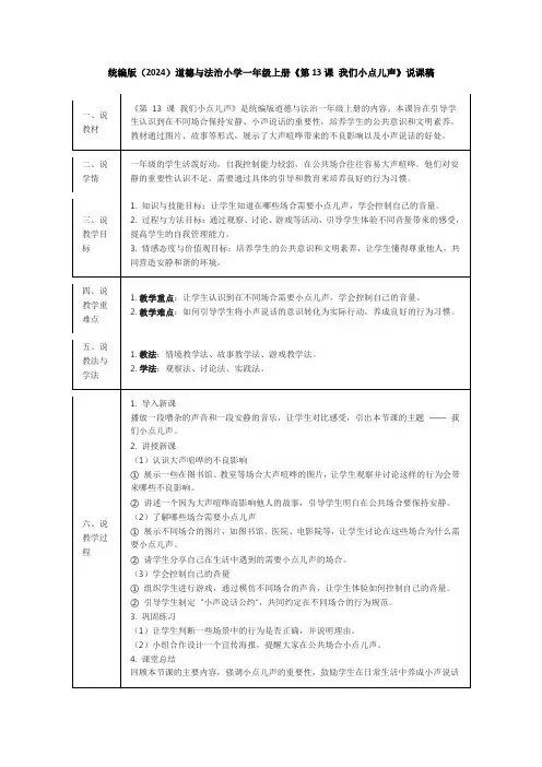 统编版(2024)道德与法治小学一年级上册《第13课 我们小点儿声》说课稿