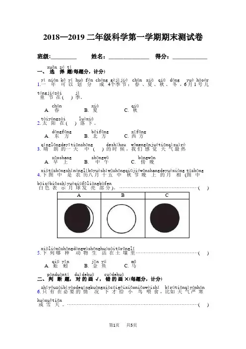 (带拼音A4带答案0教科版小学科学二年级上册期末测试题-二年级上册科学期末试卷