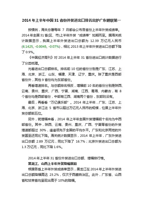 2014年上半年中国31省份外贸进出口排名出炉广东蝉联第一