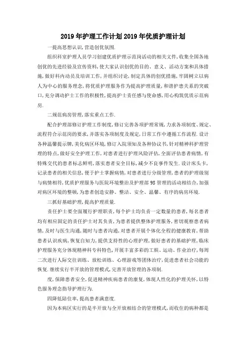 最新-2019年护理工作计划 2019年优质护理计划 精品