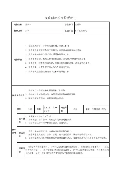 行政副院长岗位说明书