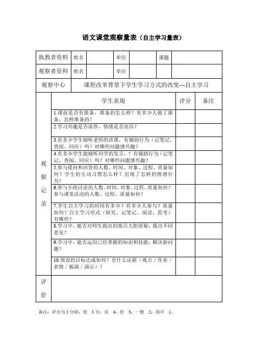 语文课堂观察量表