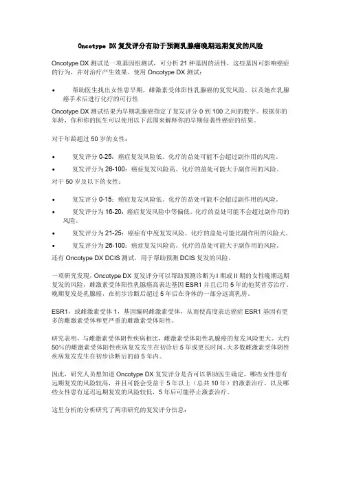 Oncotype DX复发评分有助于预测乳腺癌晚期远期复发的风险