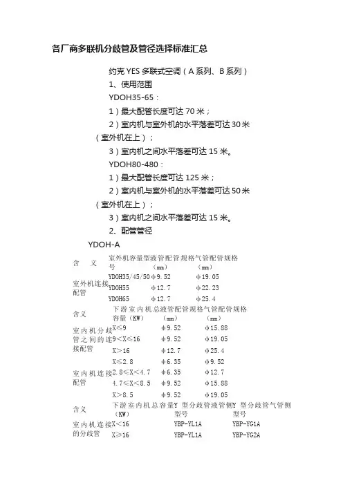 各厂商多联机分歧管及管径选择标准汇总