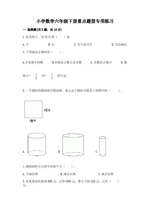 小学数学六年级下册重点题型专项练习含完整答案(历年真题)