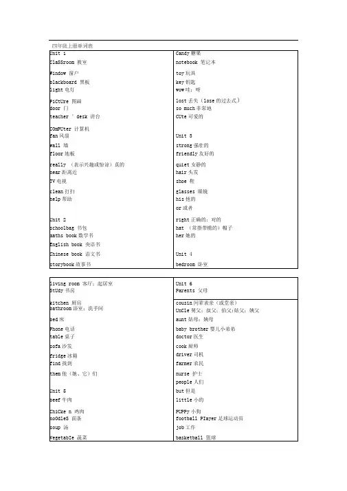 人教英语小学四年级单词表及常用表达法