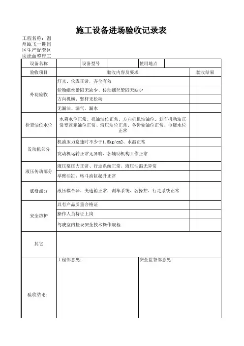 施工设备进场验收记录表 挖掘机 