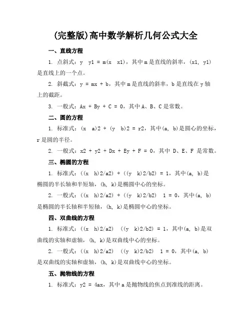 (完整版)高中数学解析几何公式大全