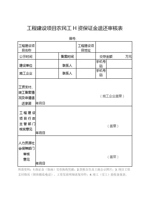 工程建设项目农民工工资保证金退还审核表