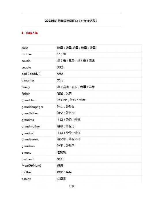2023小升初英语单词汇总(分类速记表)