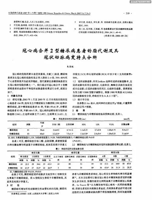 冠心病合并2型糖尿病患者的脂代谢及其冠状动脉病变特点分析