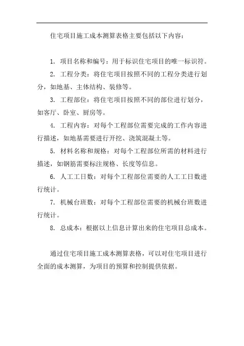 住宅项目施工成本测算表格