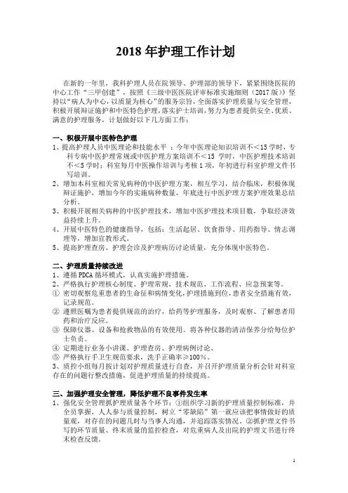 2018年护理工作计划