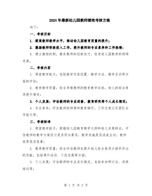 2024年最新幼儿园教师绩效考核方案