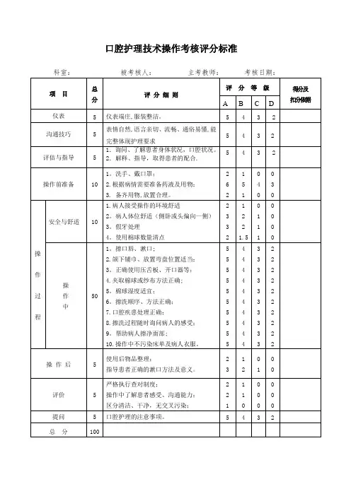 口腔护理技术操作考核评分标准