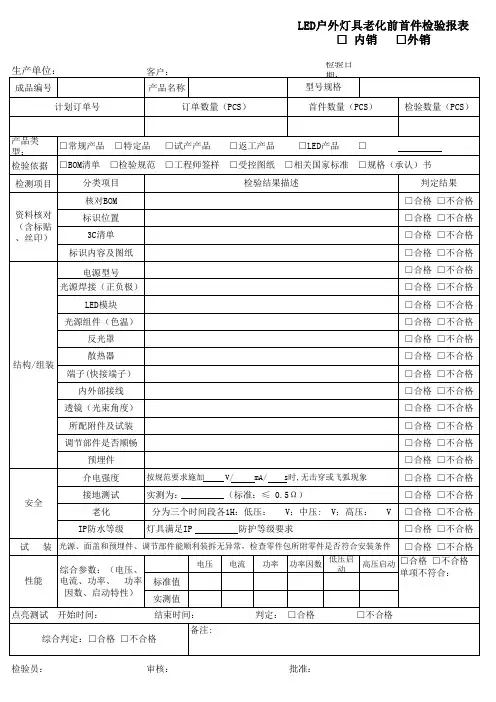 PZGLI007-028 LED户外灯具老化前首件检验报表 A1