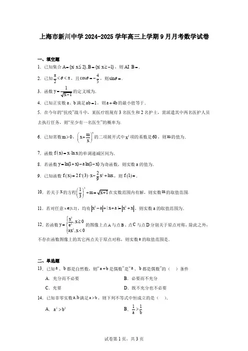 上海市新川中学2024-2025学年高三上学期9月月考数学试卷