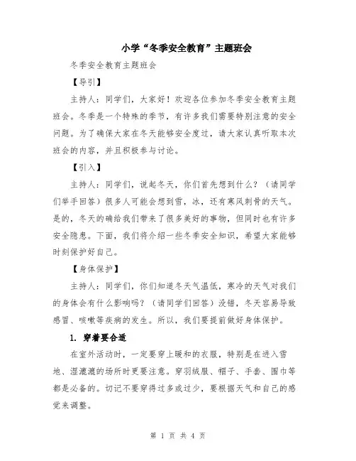 小学“冬季安全教育”主题班会