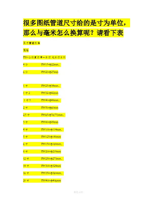 管道公称直径(寸与mm的关系)