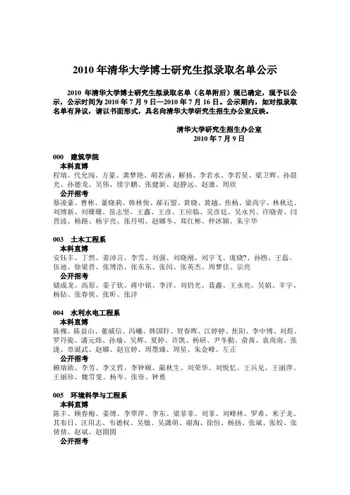 2010年清华大学博士研究生拟录取名单公示