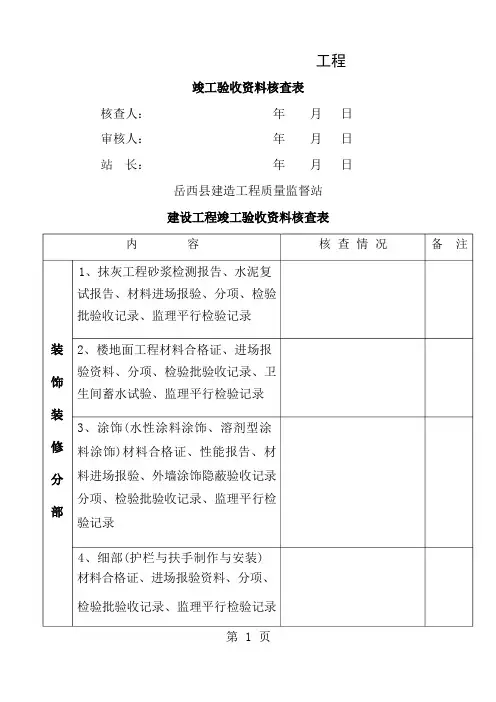 竣工验收资料核查表