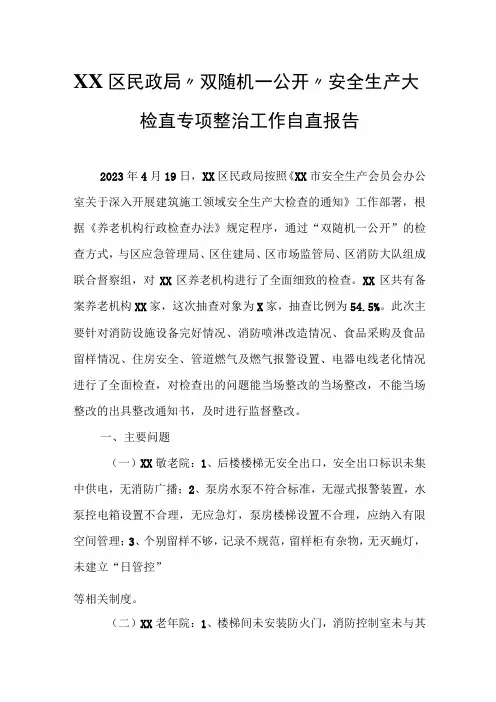 XX区民政局“双随机一公开”安全生产大检查专项整治工作自查报告