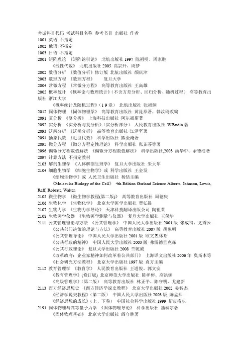 考试科目代码 考试科目名称 参考书目 出版社 作者