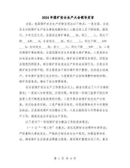 2024年煤矿安全生产大会领导发言(二篇)