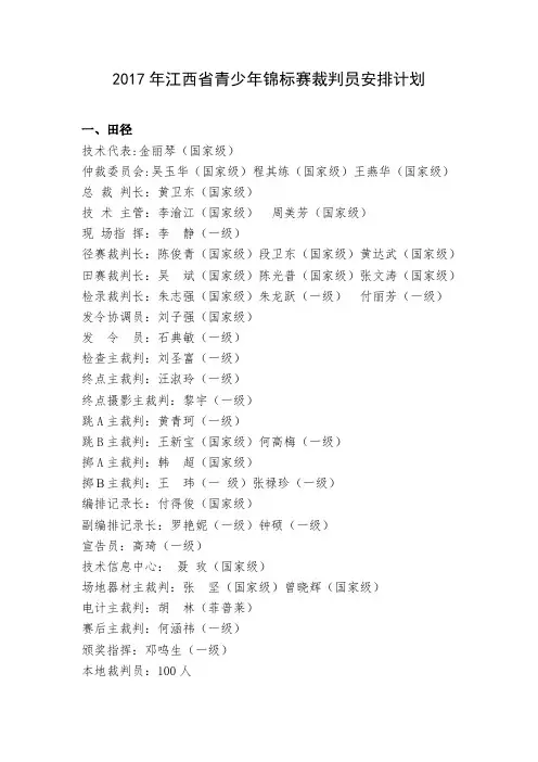 2017年江西青少年锦标赛裁判员安排计划