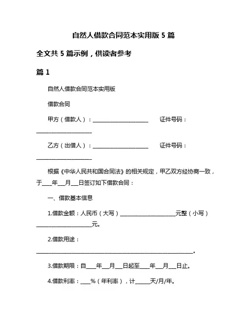 自然人借款合同范本实用版5篇