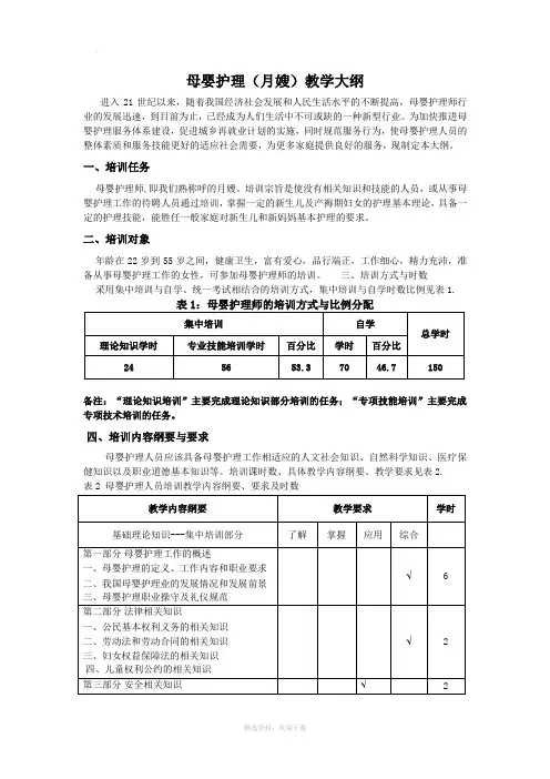 母婴护理(月嫂)教学大纲