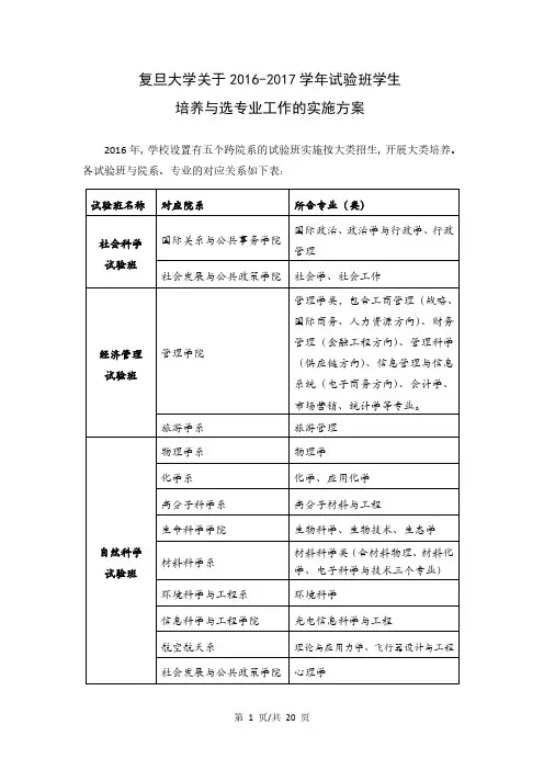 复旦大学关于 2016-2017 学年试验班学生 培养与选专业工作 ...