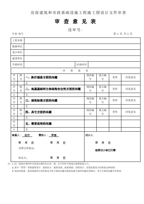 房屋建筑和市政基础设施工程施工图设计文件审查审查意见表