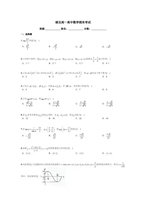 湖北高一高中数学期末考试带答案解析
