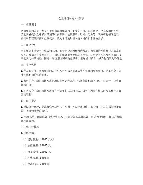创业计划书成本计算表