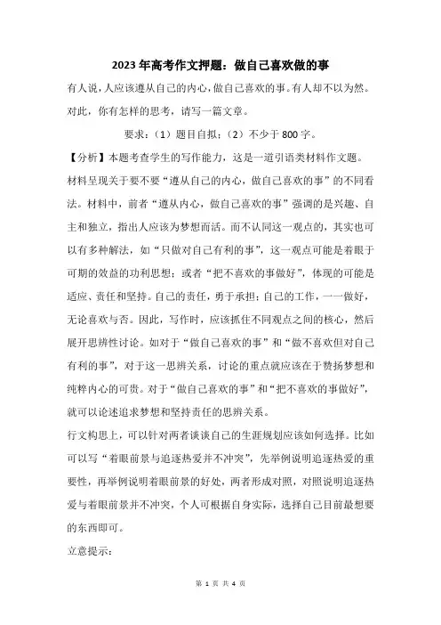 2023年高考作文押题：做自己喜欢做的事