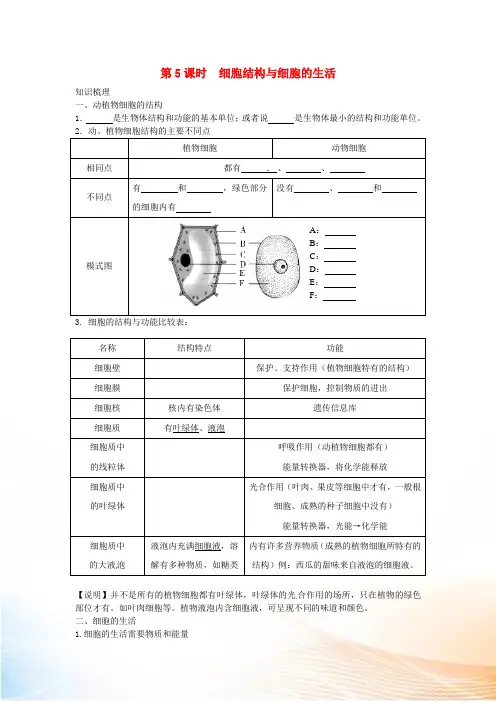 中考生物复习练习 第5课时 细胞结构与细胞的生活试题 新人教版