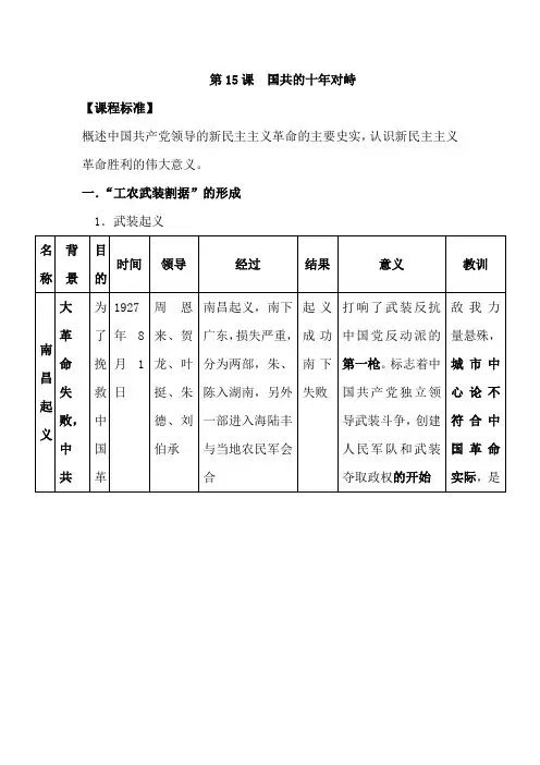 2021年高考历史大一轮复习知识梳理：第15课  国共的十年对峙