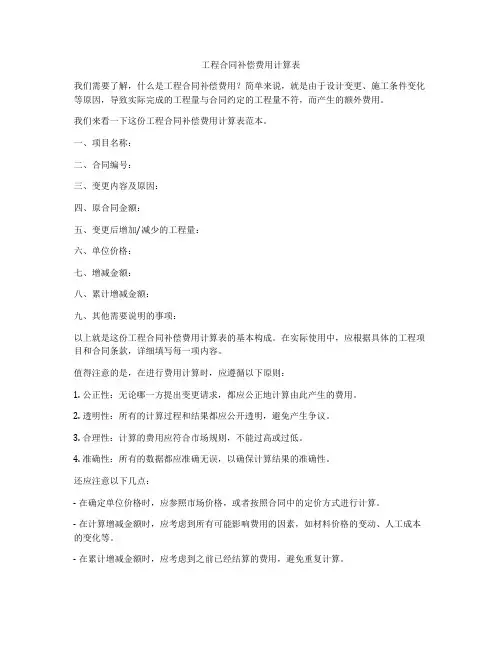 工程合同补偿费用计算表
