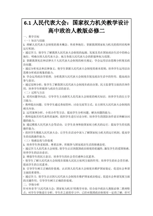 6.1人民代表大会：国家权力机关教学设计高中政治人教版必修二