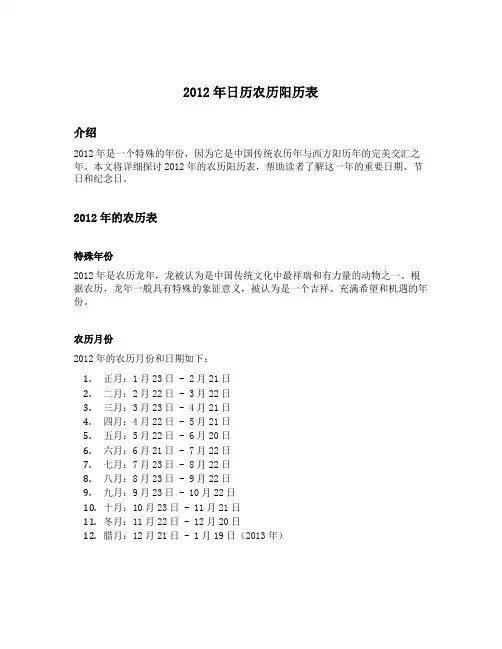 2012年日历农历阳历表