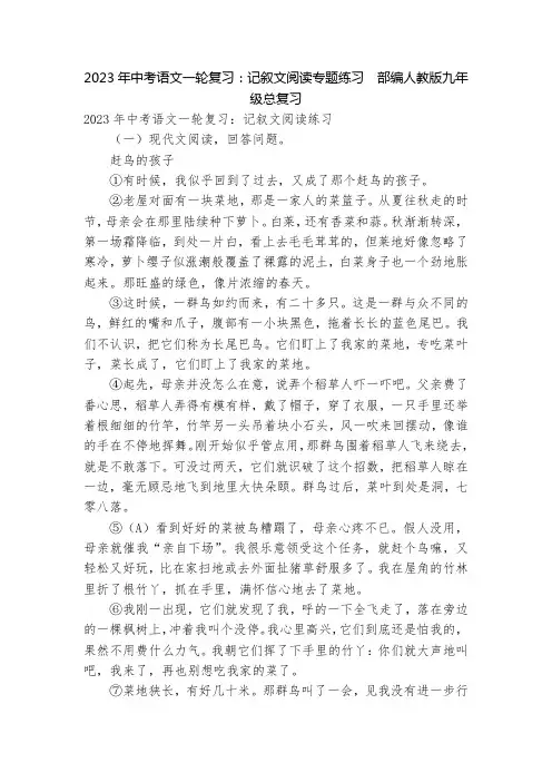 2023年中考语文一轮复习：记叙文阅读专题练习  部编人教版九年级总复习