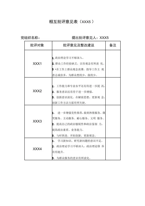 相互批评意见表