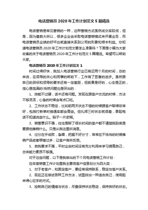 电话营销员2020年工作计划范文5篇精选