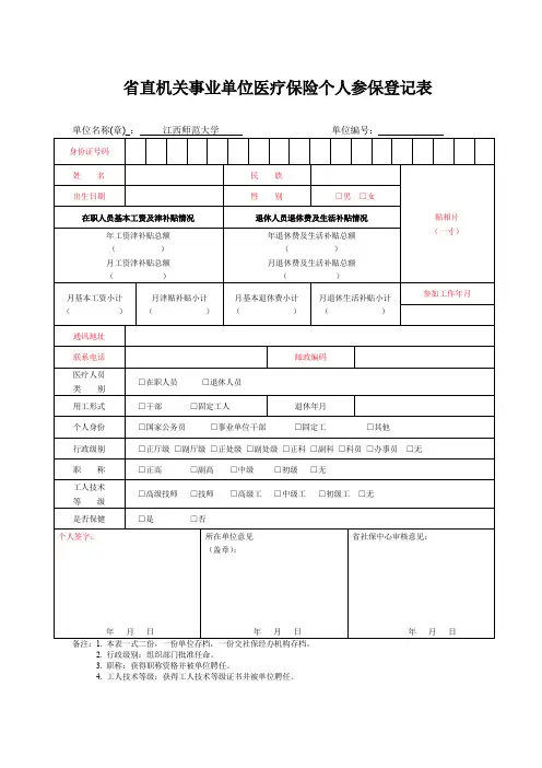 省直机关事业单位医疗保险个人参保登记表》(2份