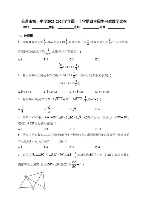 安徽省芜湖市第一中学2023-2024学年高一上学期自主招生考试数学试卷(含解析)