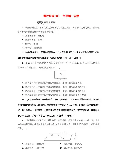 2021高一物理课后作业16牛顿第一定律含解析必修1