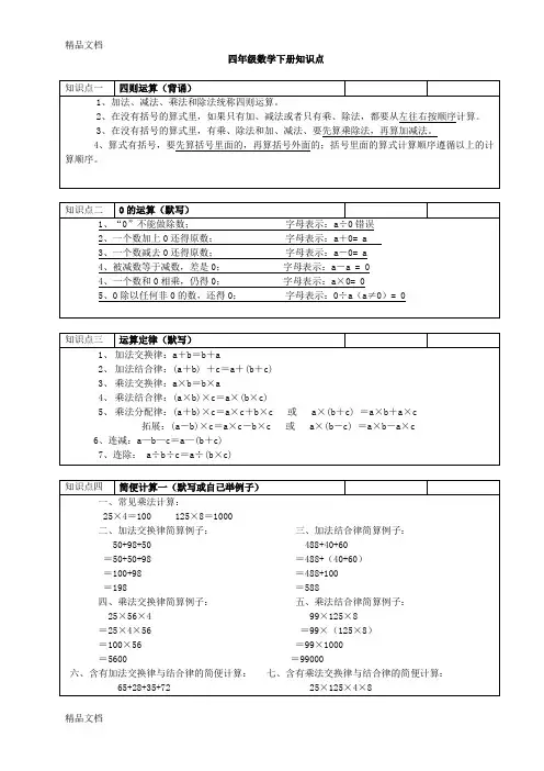 最新沪教版小学四年级数学下册知识点整理